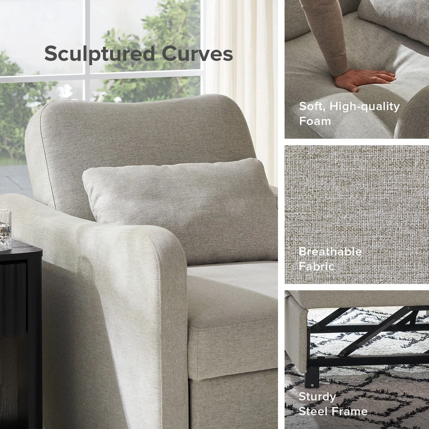 Diseño curvo de respaldo y brazos del sillón cama